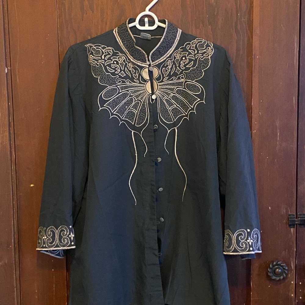 Vintage Butterfly Tunic Black Embroidered Button-Up Shirt Women's Unisex L